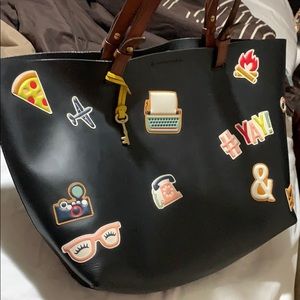 Fossil Rachel patch tote with cool logos attached